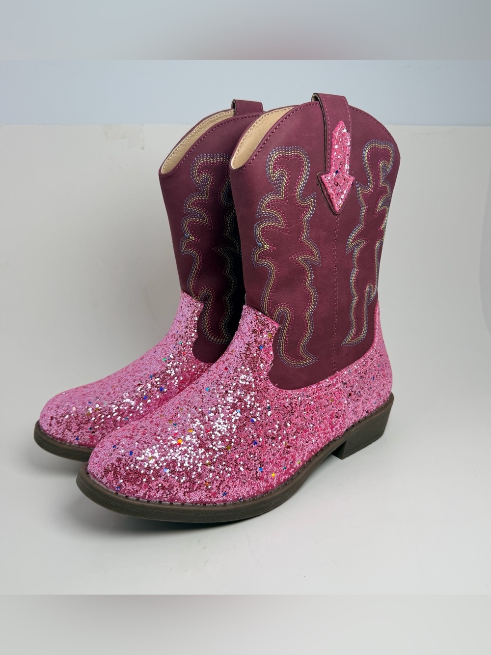 Kids Glitter Pink Western Boots with Maroon Shaft